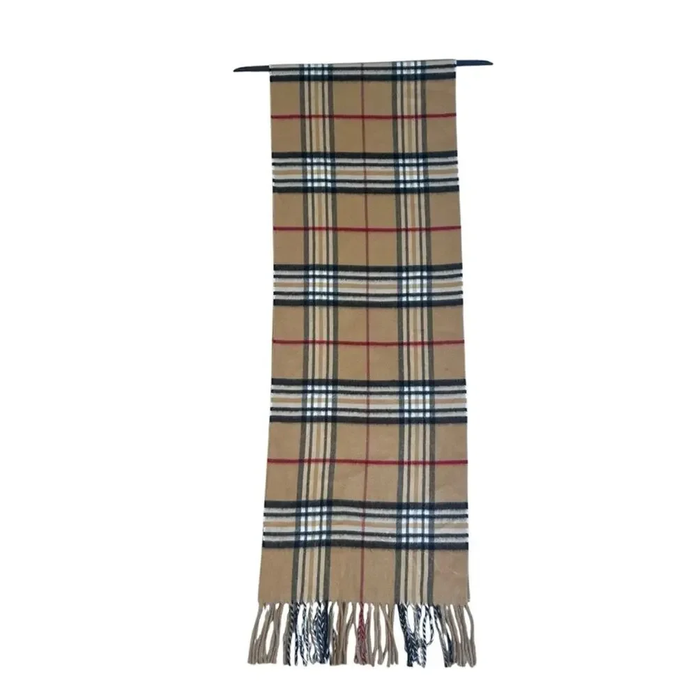 V Fraas Cashmink Classic Plaid Scarf With Fringe Tan Black Soft Fuzzy Cozy Warm